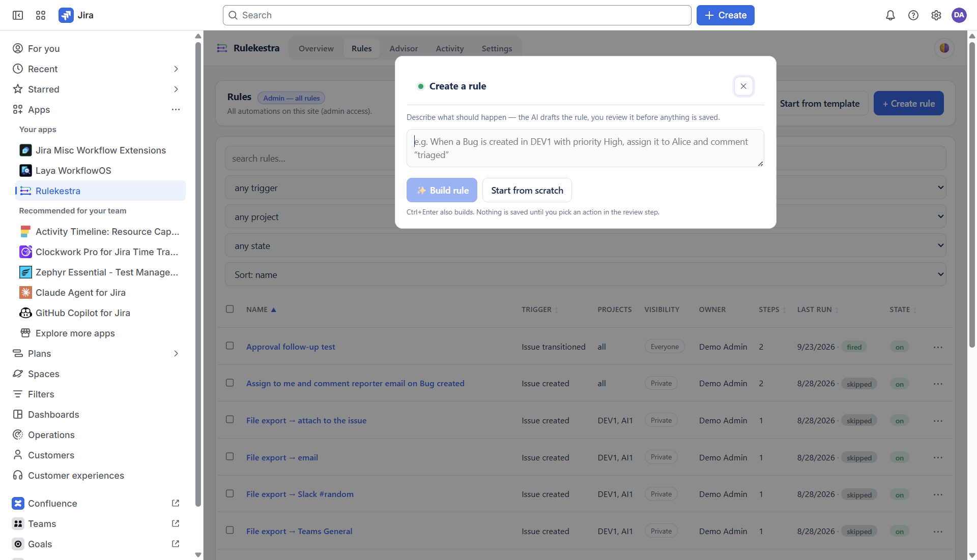 Rulekestra AI quick-create modal