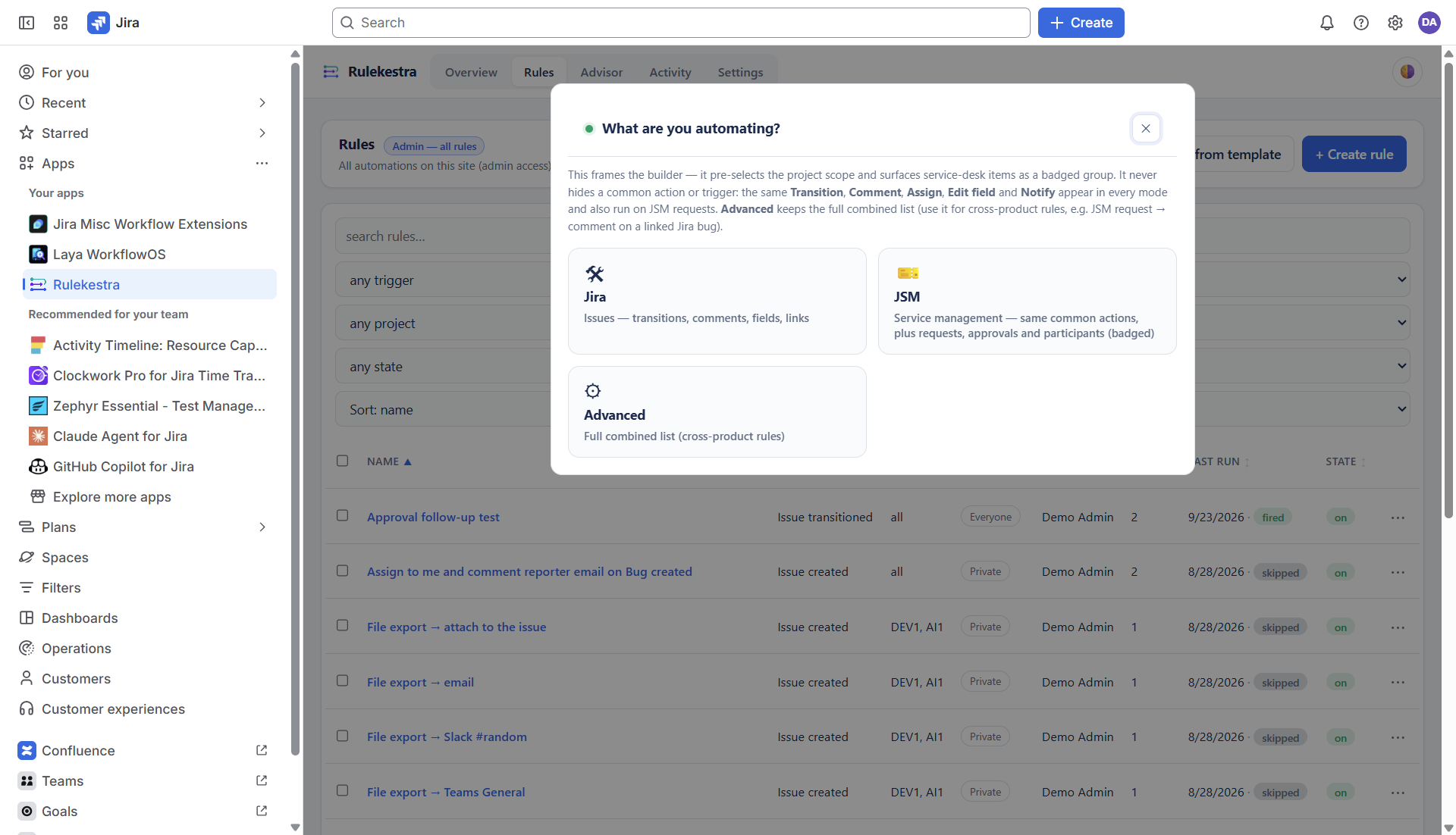 Rulekestra mode picker: Jira, JSM and Advanced